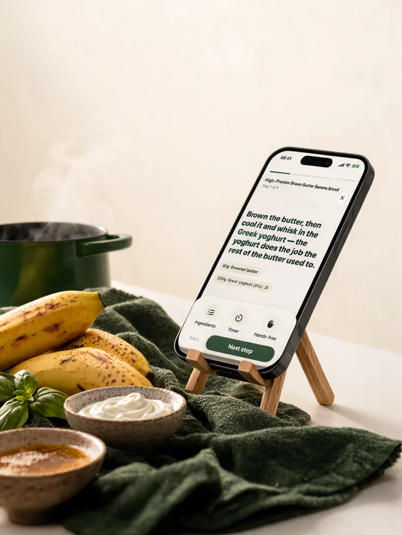 A phone propped on a kitchen counter showing cook mode, one step at a time