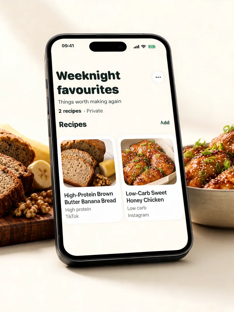A phone on a kitchen counter showing a Yumo cookbook of saved recipes