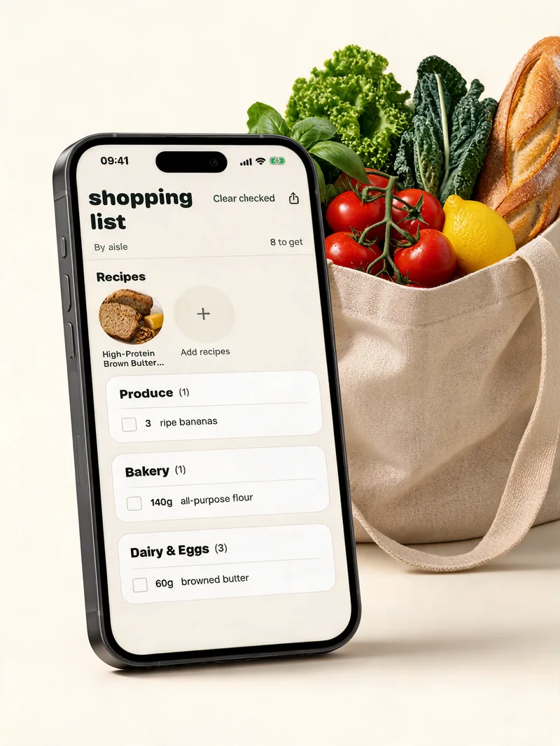 A phone on a kitchen counter showing a grocery list sorted by aisle