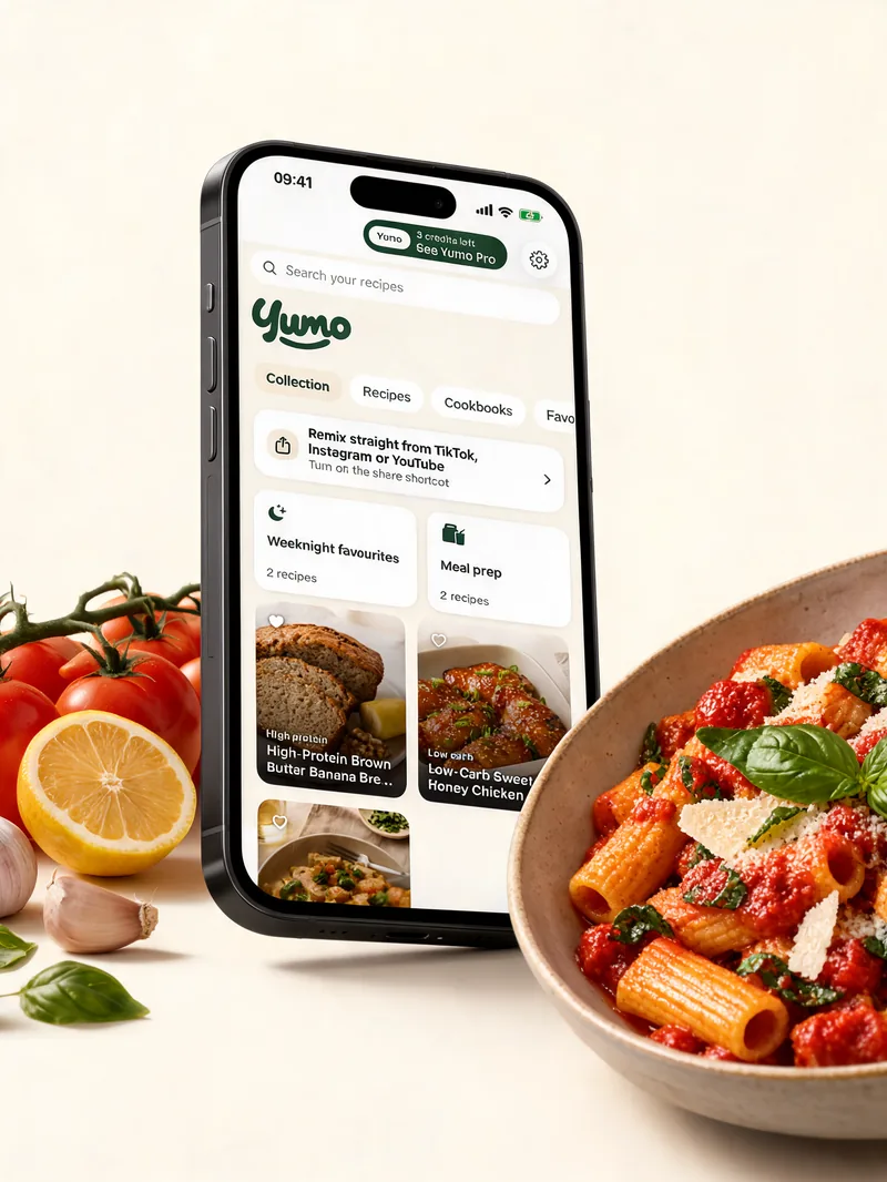 A phone on a kitchen counter showing saved recipes on the Yumo home screen