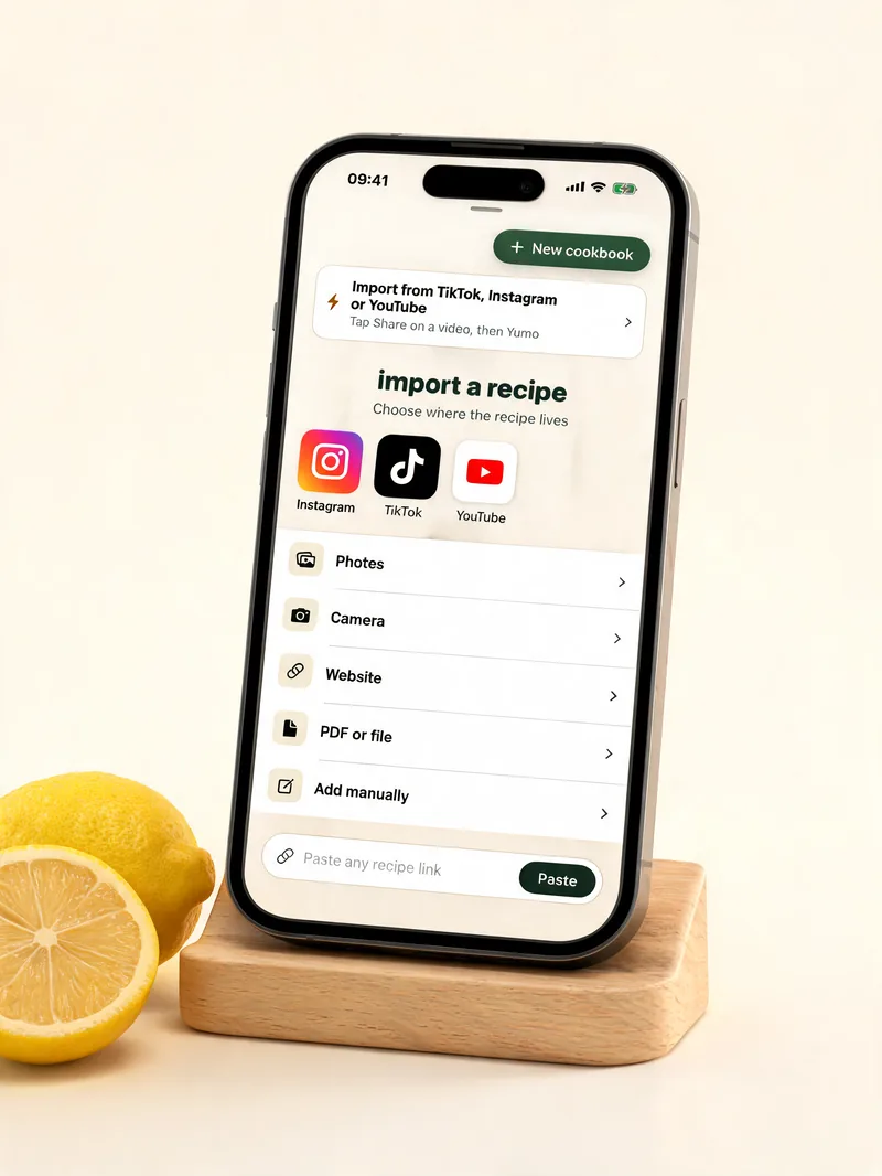 A phone on a kitchen counter showing a recipe being imported from a link