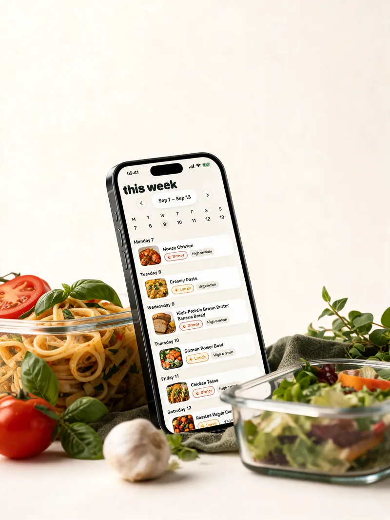 A phone on a kitchen counter showing a week of planned meals