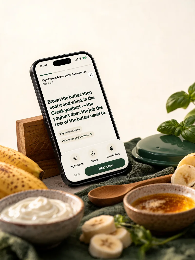 A phone propped on a kitchen counter showing one cooking step in large type