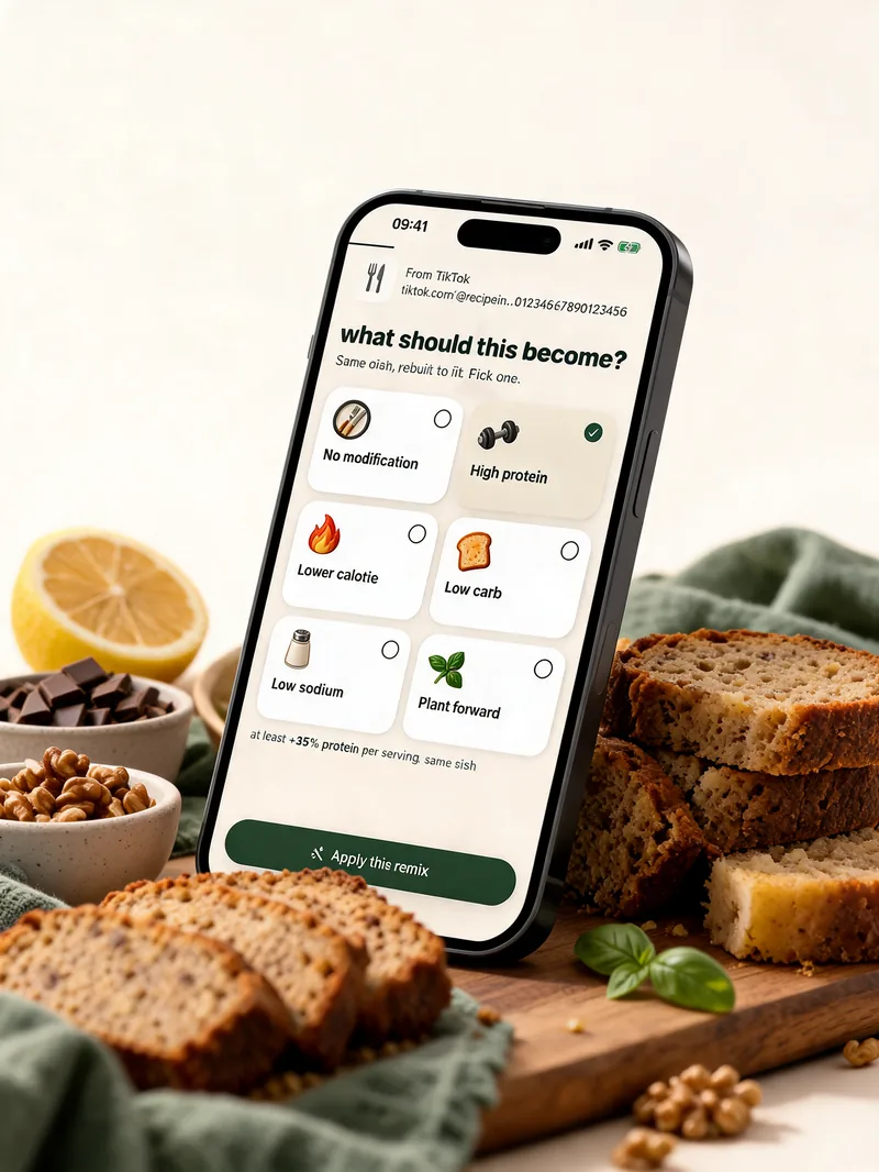 A phone on a kitchen counter showing the Remix goals for a saved recipe