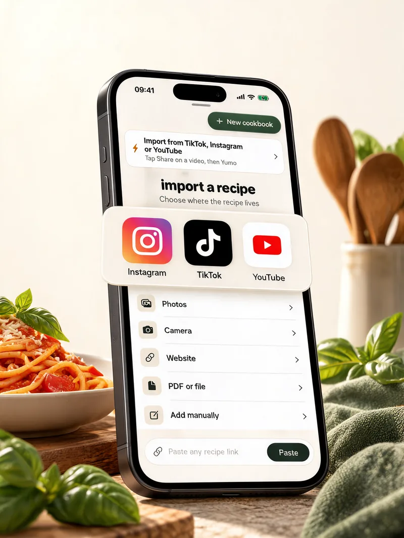 A phone on a kitchen counter showing the Yumo import screen with a recipe link pasted in